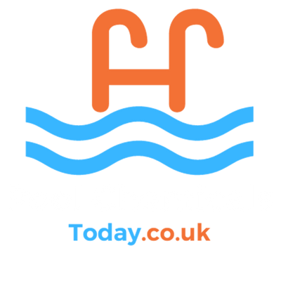 Brand Logo. Pool chemicals today.co.uk. Blue waves, blue orange and white text.