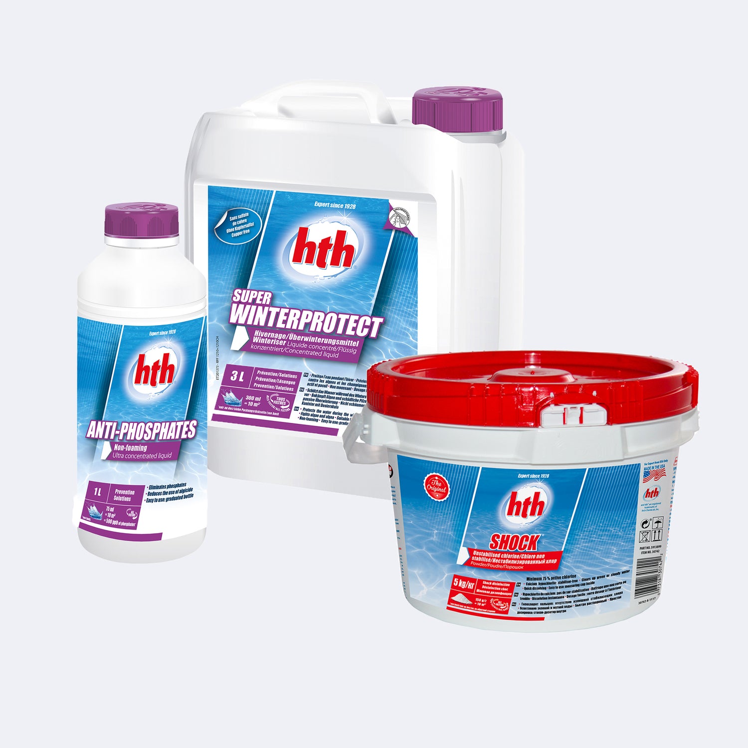 Selection of bottles and tubs of pool chemicals, cutout images on plain grey background.