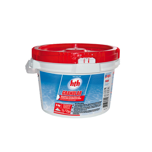 Hth granular unstabilised chlorine 5kfg tub. Red lid, blue label and white background