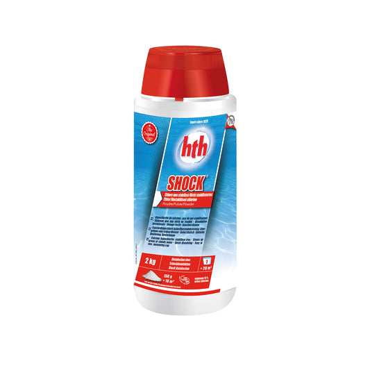 2kg Bottle of Shock Chlorine granules, white tub, blue labels, red lid. White background in image.