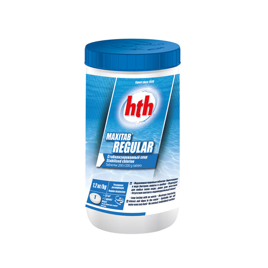 Small 1.2kg tub of hth maxitab regular stabilised chlorine tablets. white tub, blue lid and blue label. Image is a cutout of the product on a white background.