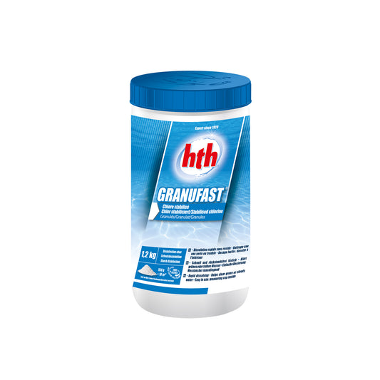 Small tub of chlorine granules. HTH brand with blue label and blue lid. White background.