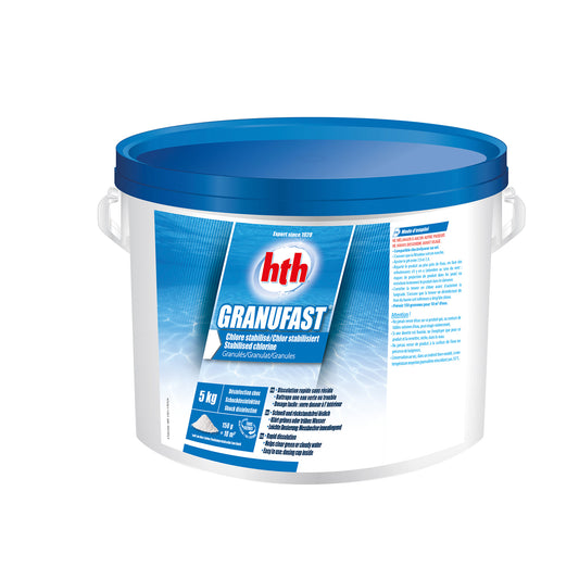 5kg Tub of Stabilised Chlorine Granules. White tub, blue lid, blue label and white background.