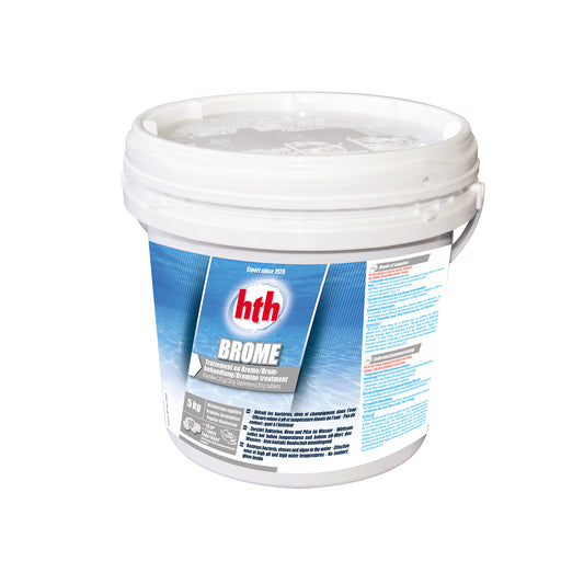 5kg White Tub of hth Bromine Tablets with Blue Label on white background