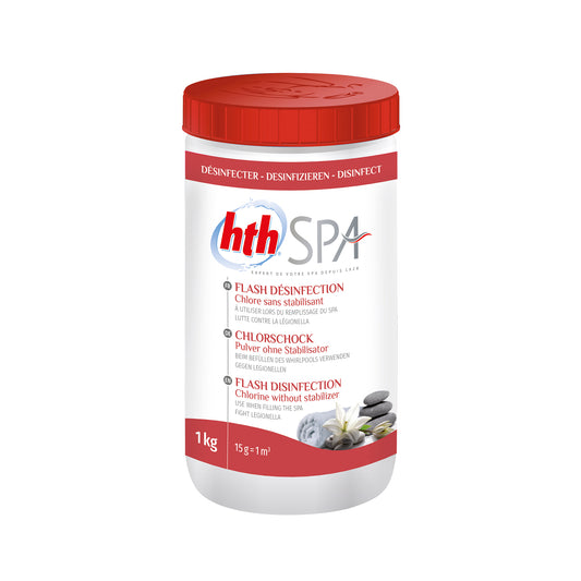 Small 1kg tub of flash disinfection from HTH. White and red label with red lid. Cutout image on plain white background.