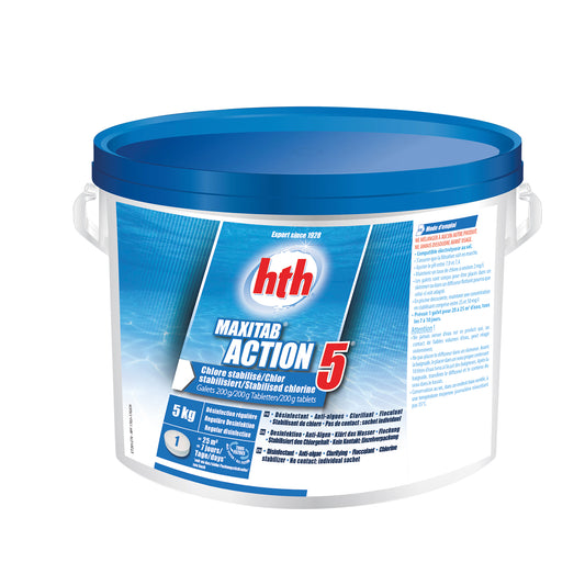 tub of maxitab action 5 chlorine tablets 5kg. White tub with blue lid and blue label on white image background