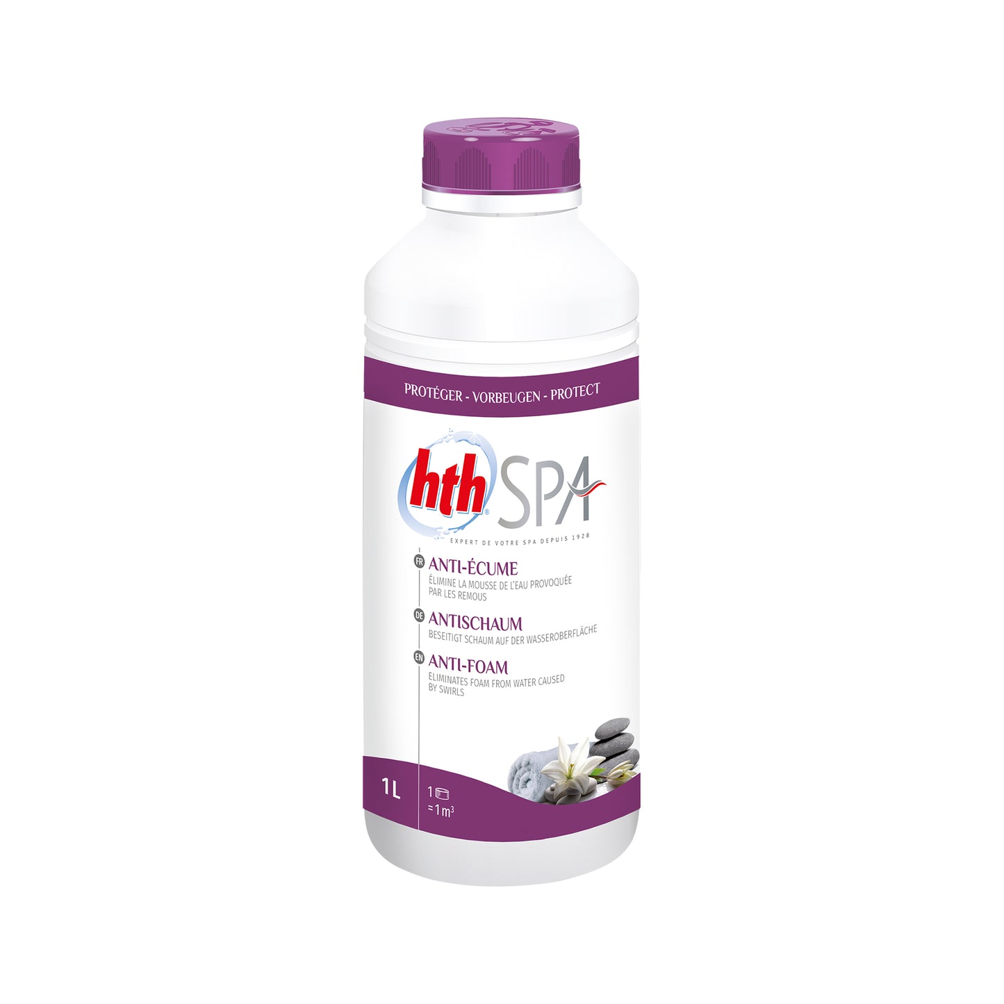 Bottle of hth spa anti-foam liquid 1ltr. White bottle with purple label and purple lid. Cut out image on plain white background.