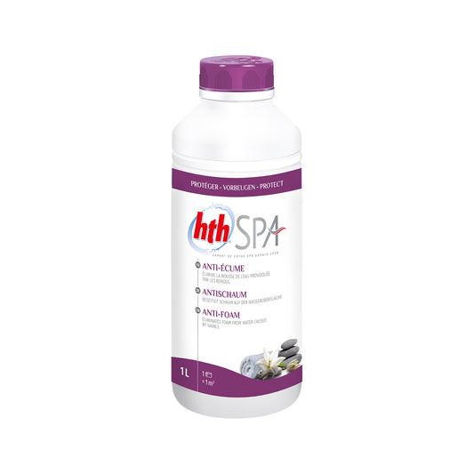 Bottle of hth spa anti-foam liquid 1ltr. White bottle with purple label and purple lid. Cut out image on plain white background.