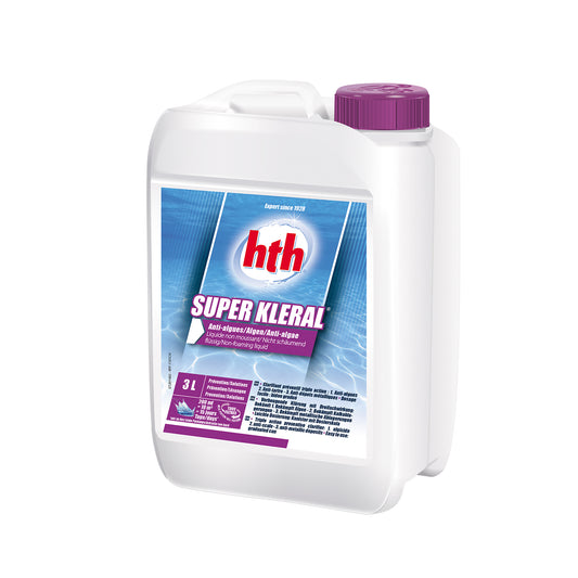container of hth super kleral 3ltr. white container with blue and purple lable and purple lid. cutout image on white background.