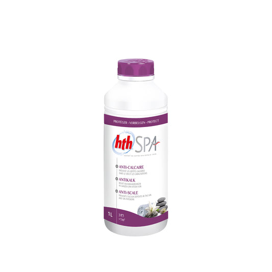 Bottle of anti-scale hth spa liquid 1ltr. White bottle, purple label and lid . Cutout image with plain white background.