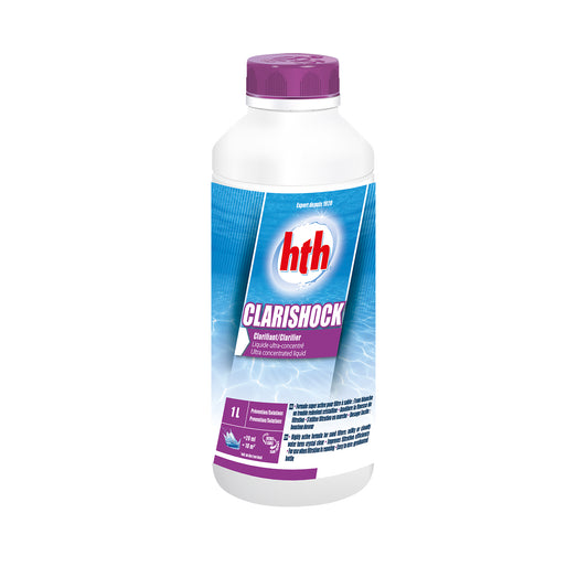 Bottle of Clarishock water clarifier by HTH. 1 ltr bottle with purple lid and blue label on a white background.