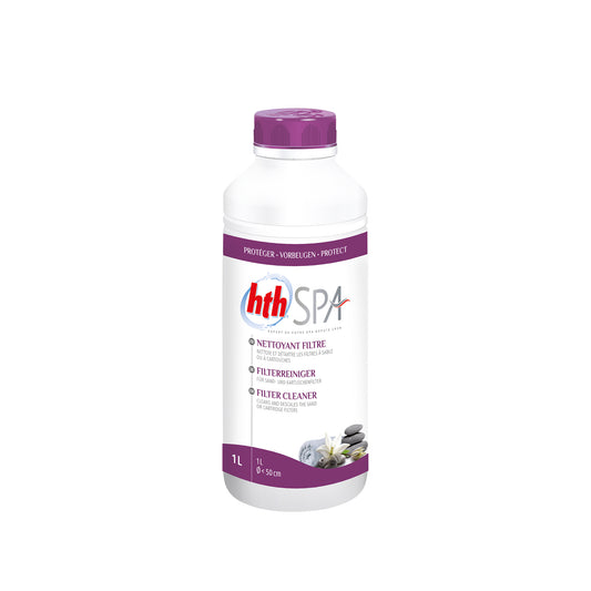 hth spa filter cleaning liquid 1 ltr. White bottle, purple lid and purple label. cutout image on plain white background.