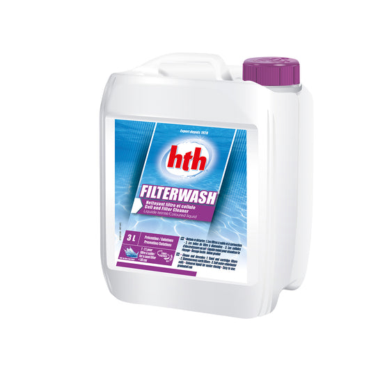 3 ltr carton of hth filterwash. White tub, purple lif and blue label on white background