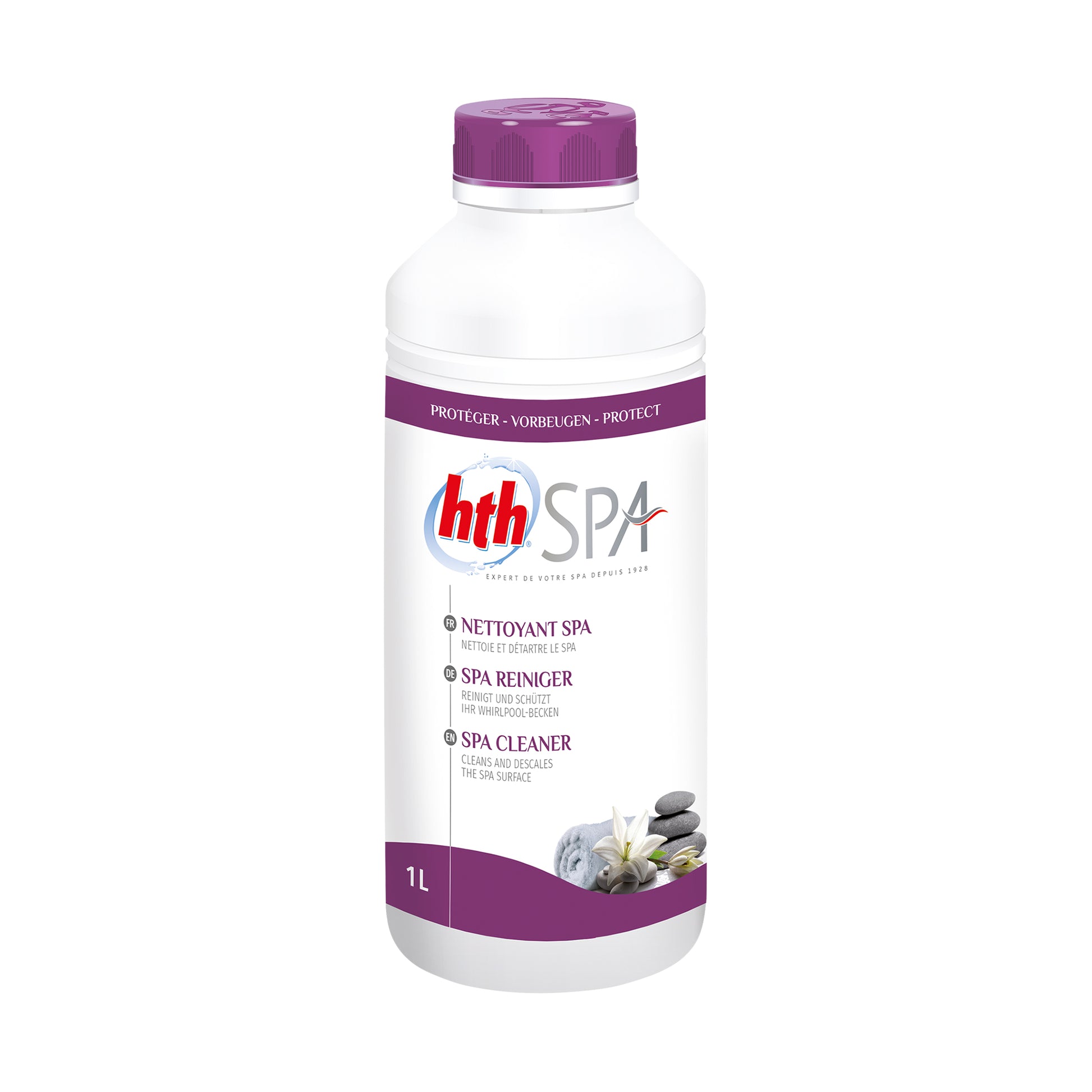 Small bottle of hth spa cleaner liquid 1ltr. White bottle, purple label, purple lid.  cutout image on plain white background..