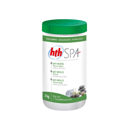 Small tub of hth pH minus. White tub, green label and green lid.  cutout image on a plain white background.