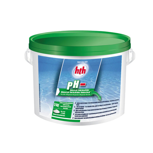 5kg tub of pH minus granules by HTH. White tub with blue and green label with green lid, Cutout image on a white background.