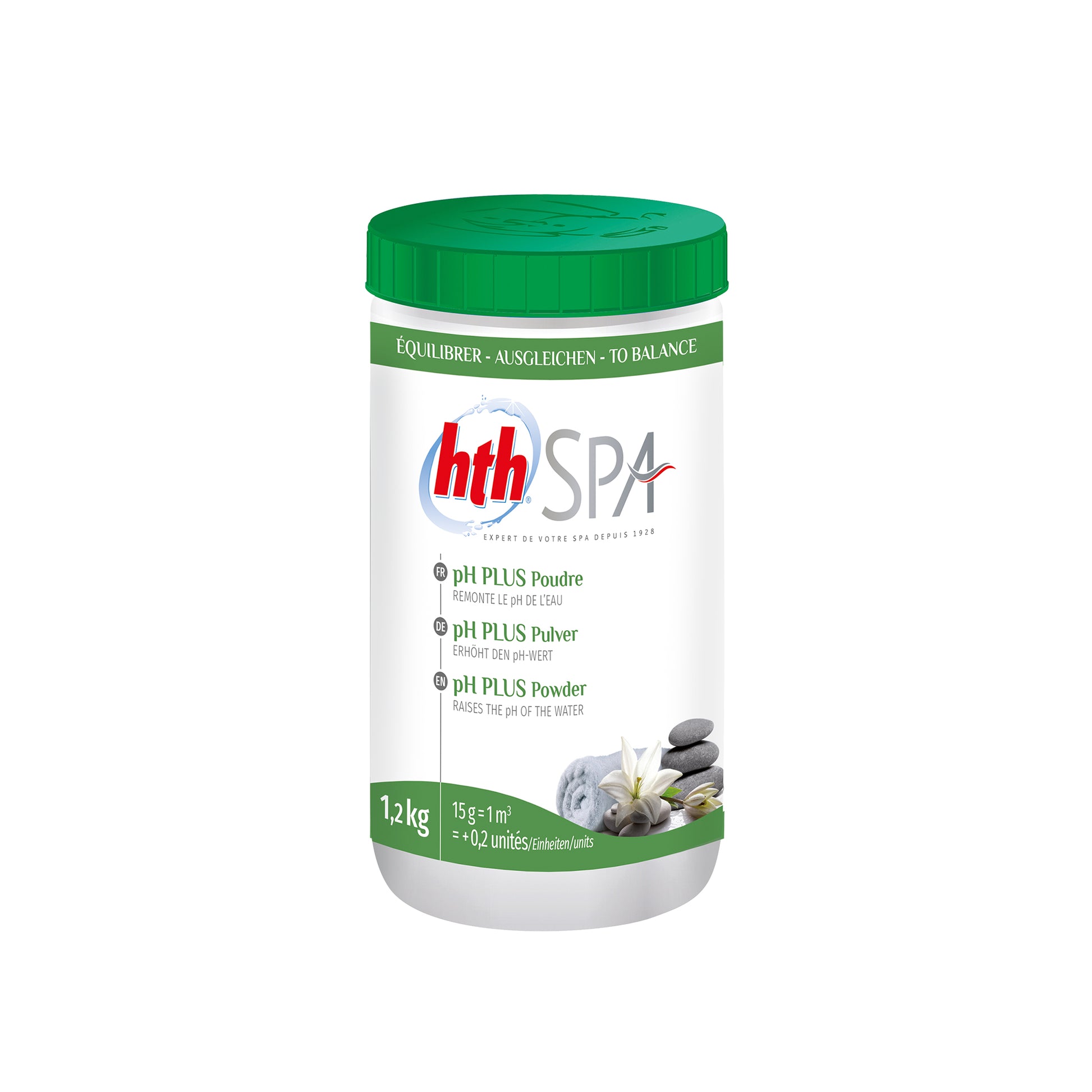 small tub of pH plus powder by HTH 1.2kg. White tub, green label and green lid.