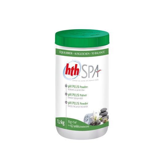 small tub of pH plus powder by HTH 1.2kg. White tub, green label and green lid.