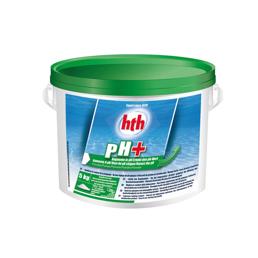 5kg tub of pH plus powder. White tub, blue and green label and green lid. Cut out image on white background.