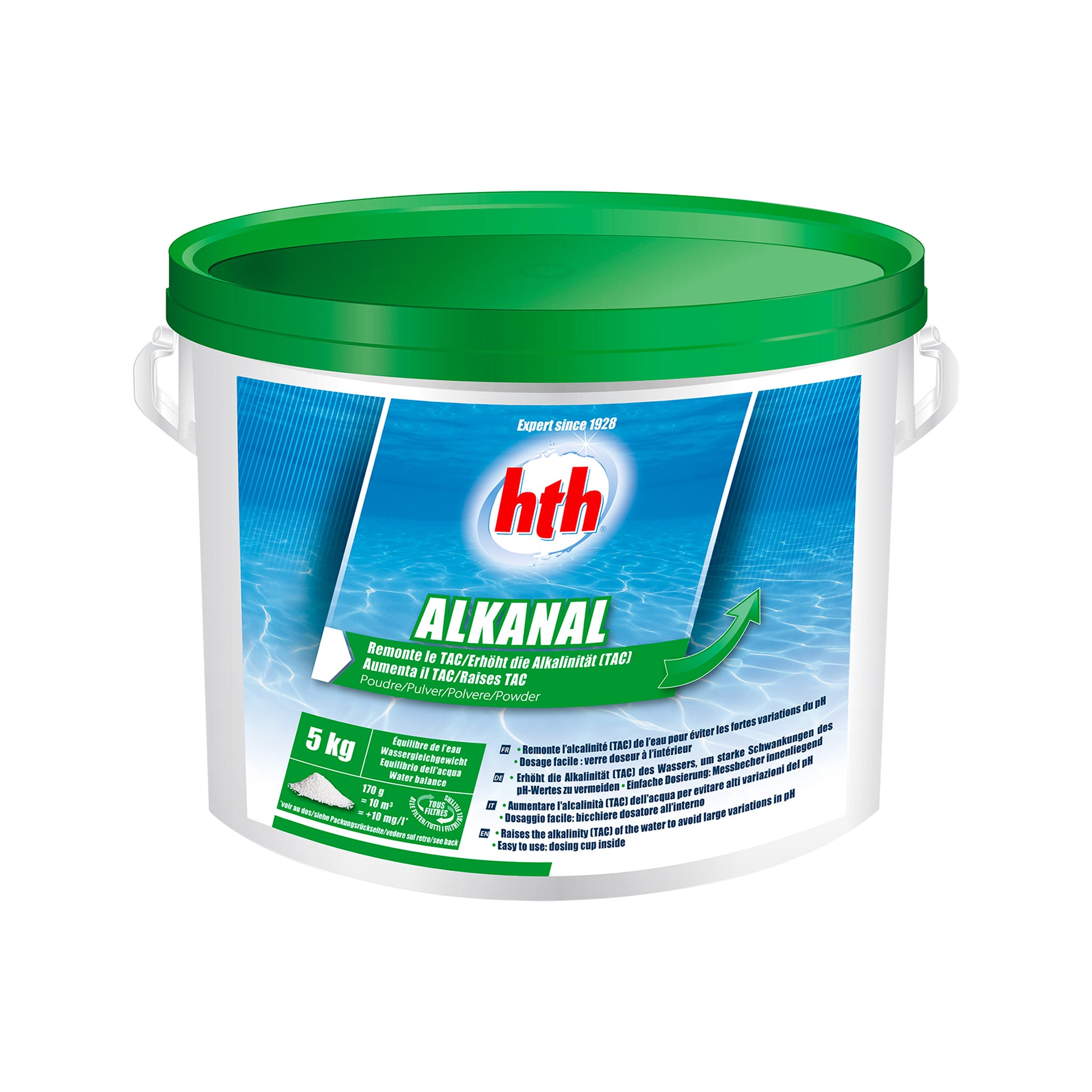5kg Tub of Alkalinity Increaser, green and blue label, white tub and green lid. Cutout image on white background.