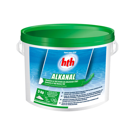 5kg Tub of Alkalinity Increaser, green and blue label, white tub and green lid. Cutout image on white background.