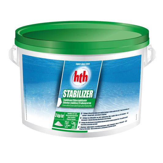 A 3kg tub of hth stabiliser for pools. Green lid, blue label and white background