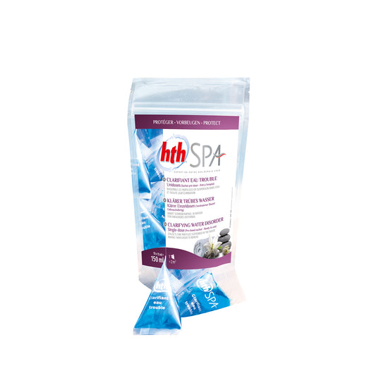 Bag of single dose water clarifier gel. Blue Gel in plastic triangles. Plastic resealable packet with purple and white label. Cutout image on white background.