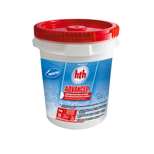 Red, White and Blue tub of hth advanced shock chlorine tablets 9kg on white background