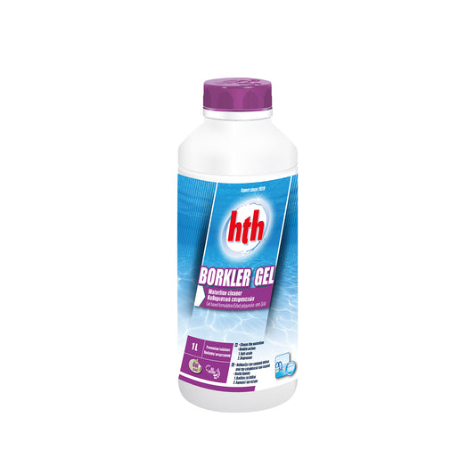 Bottle of hth brand Borkler Gel. 1ltr waterline cleaner. White bottle, blue label and purple lid. Cutout image on white background.