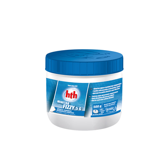 small tub of mini chlorine tablets, white tub with blue label and blue lid. Cut out image on white background.