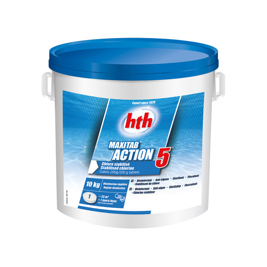 Maxitab Action 5 stabilised chlorine tablets 10kg tub, white tub, blue lid, blue label  and image with white background