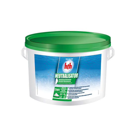 2.5kg tub of neutralisator by HTH. Chlorine and Bromine reducer chemical granules. White tub with blue and green label and a green lid. White background cutout image.
