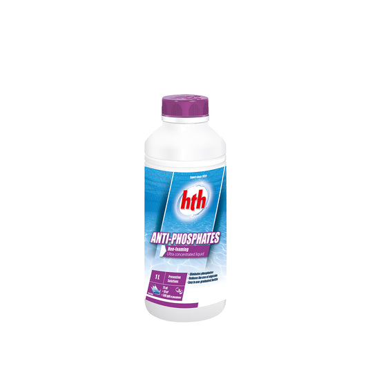 1 litre Bottle of hth anti-phosphates in white bottle with purple lid and blue label on white background