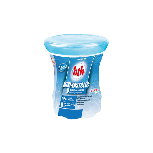 Small floating chlorine dispenser, pre-filled. Small tapered tub with translucent blue lid, blue label. Cutout image on white background.