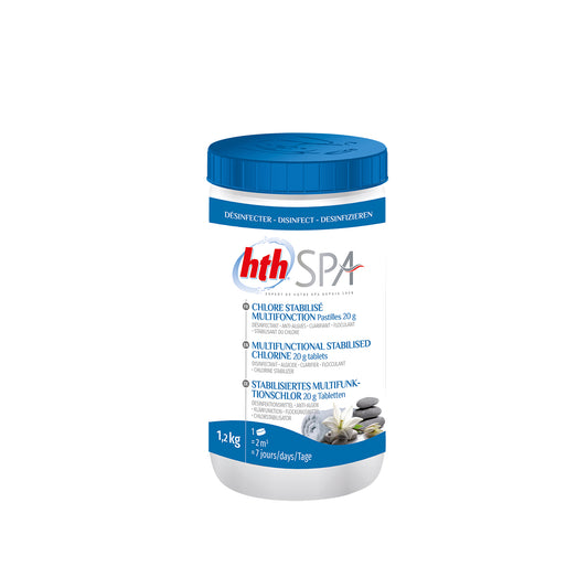 hth spa multifunctional stabilised chlorine tablets. 1.2kg tub. Blue lid and label on a white background.