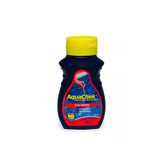 Bottle of bromine water testing strips. navy blue bottle, yellow lid, red accents on label. Cutout image on plain white background
