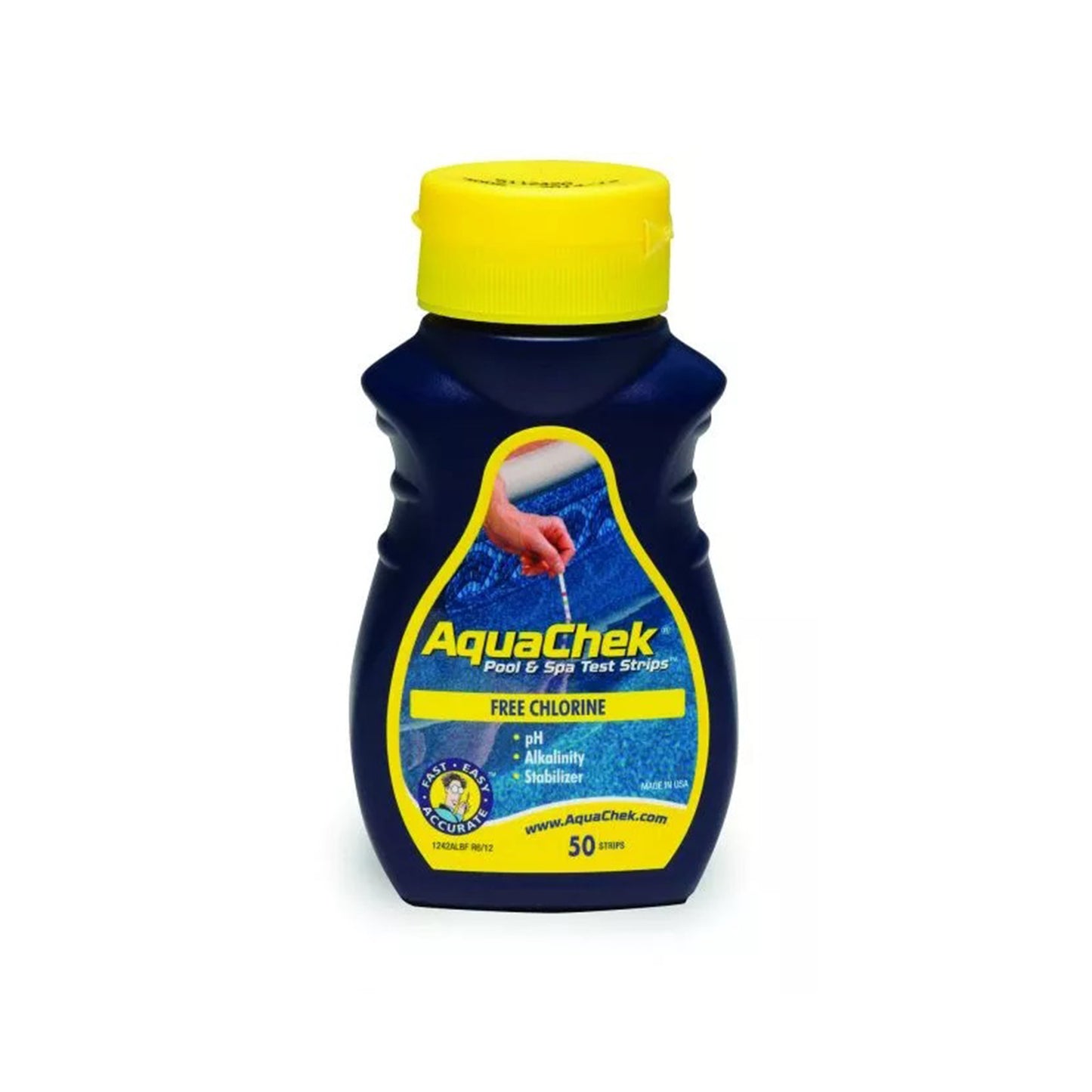 Bottle of chlorine test strips by aqua chek. Navy blue bottle, yellow lid and image label. Cut out image on plain white background.