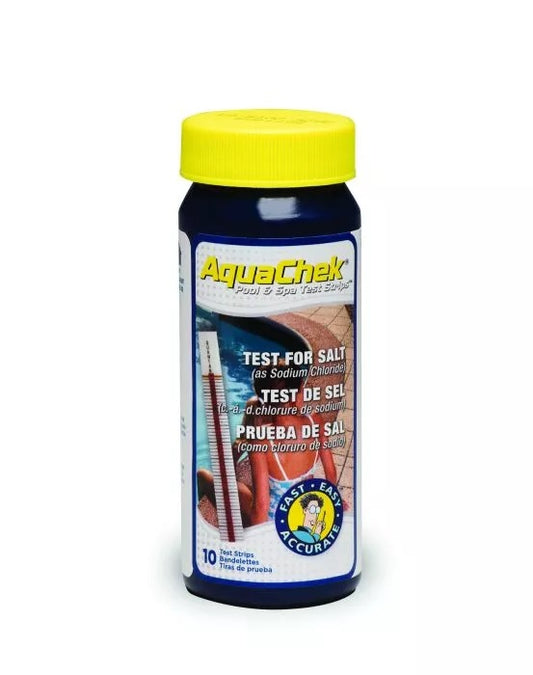 Small bottle of salt testing strips by aquachek. Navy bottle with yellow lid. Small bottle cut out image on plain white background.
